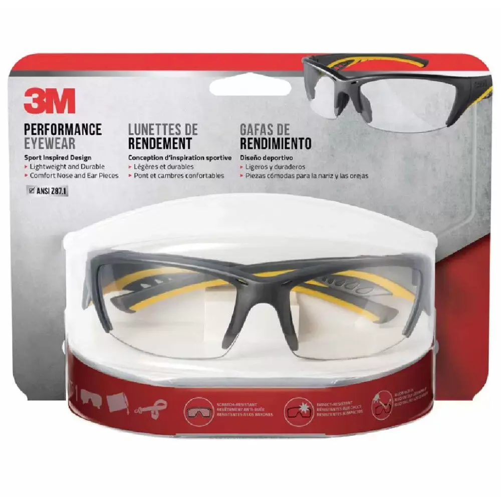 3M Accented Temple Gray/Yellow Frame Clear Lens Safety Glasses